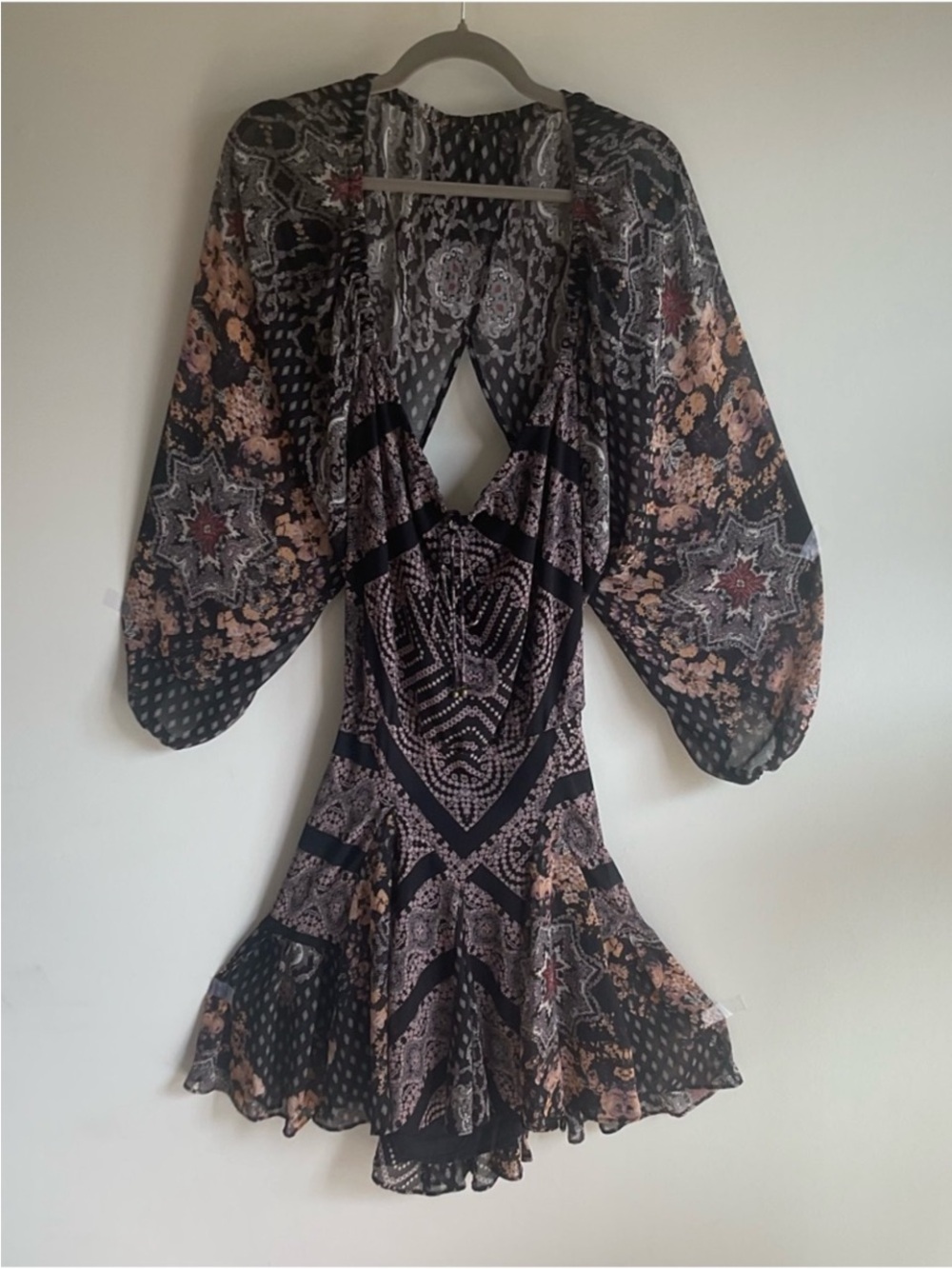 Free People Black and Taupe Paisley Long-Sleeve A-Line Dress - Picture 4 of 7